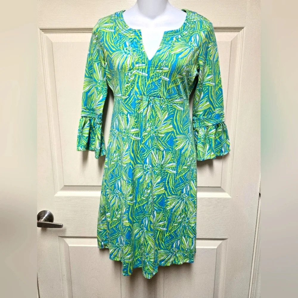 Lilly Pulitzer V Neck Silk Bell Sleeve Shift Dress Blue Green Floral Small